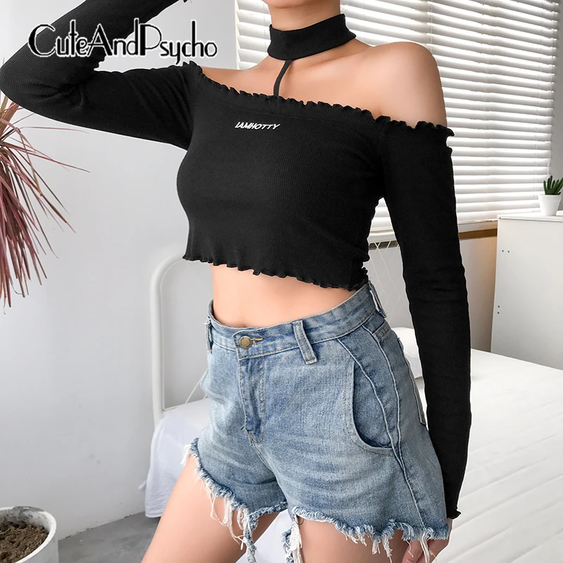 

2019 Letter Print Off Shoulder Harajuku T-Shirt Halter Long Sleeve Tshirt Casual Cotton Black Basic Women Crop Top Cuteandpsycho