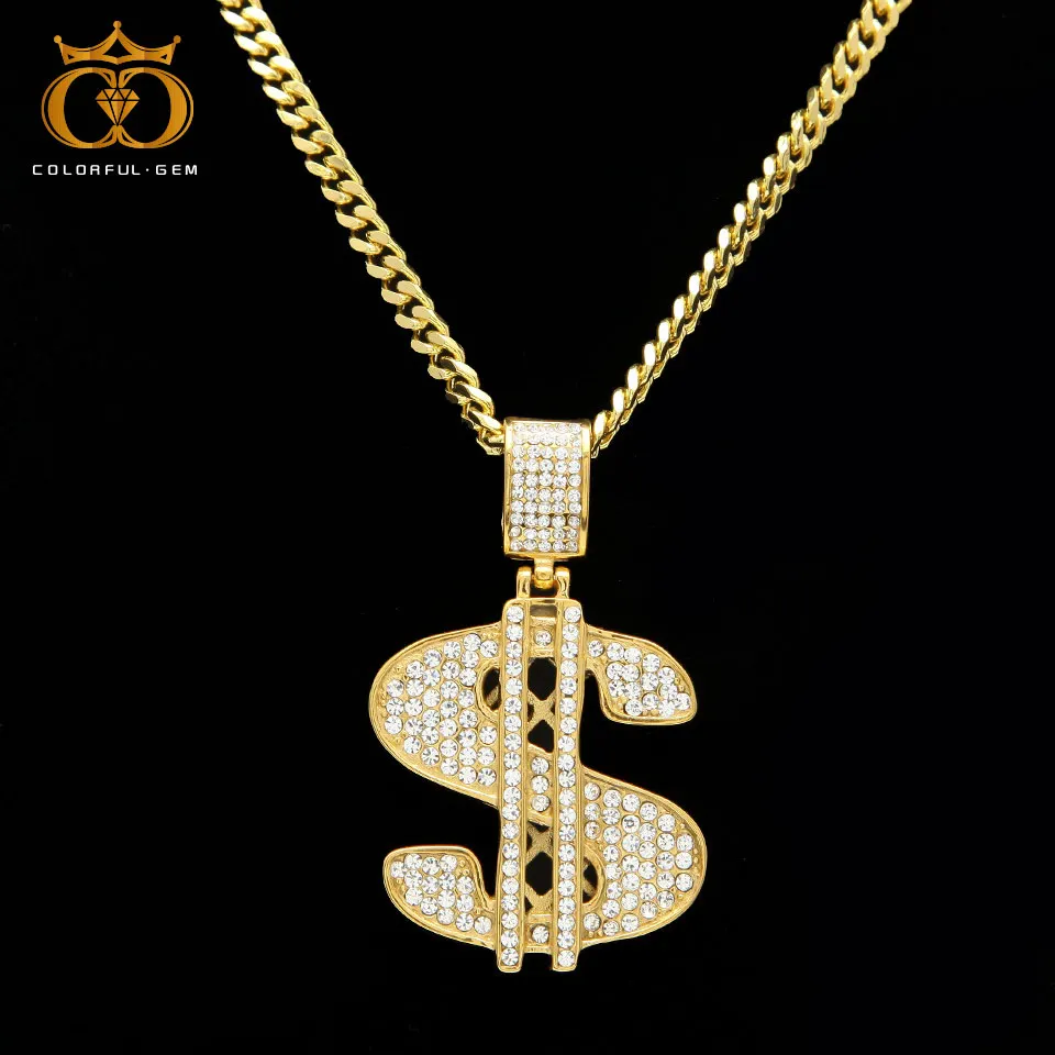 

colorful.gem US Dollar Money Pendant With Tennis Chain Gold Color BLING BLING Cubic Zircon Men's Hip hop Necklace Jewelry