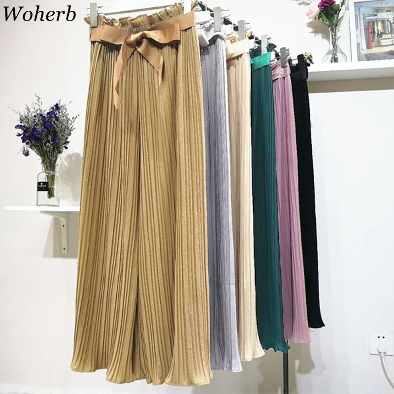 

Woherb 2019 Summer Solid Women Trousers High Waist Bow Bandage Wide Leg Pants Female Modis Elegant Chiffon Pleated Pant 22553