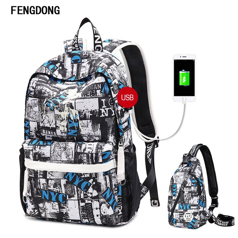 

Fengdong Water Resistant Backpack with USB Port Daypack Shoulder School Bag with Small Bag