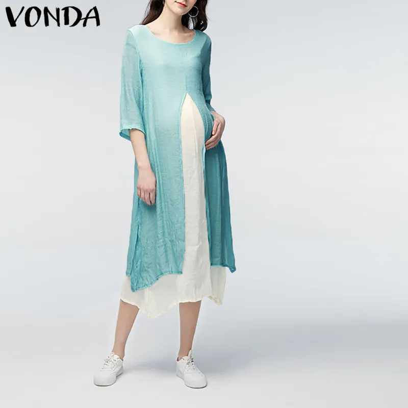 

VONDA 2019 Maternity Women Pregnancy Clothing Nursing Maxi Long Casual Loose Vintage Ankle-length Dress Vestidos 5XL