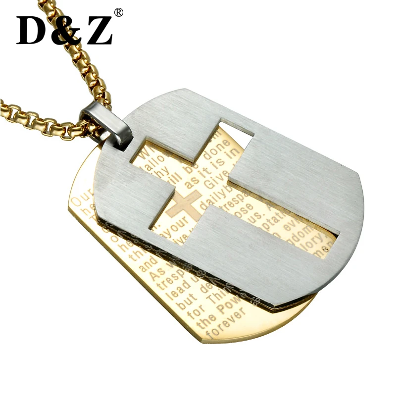 

D&Z Religious Gold Silver Cross Pendants Double 316L Stainless Steel Cross Bible Verse Prayer Dog Tags Necklaces Jewelry