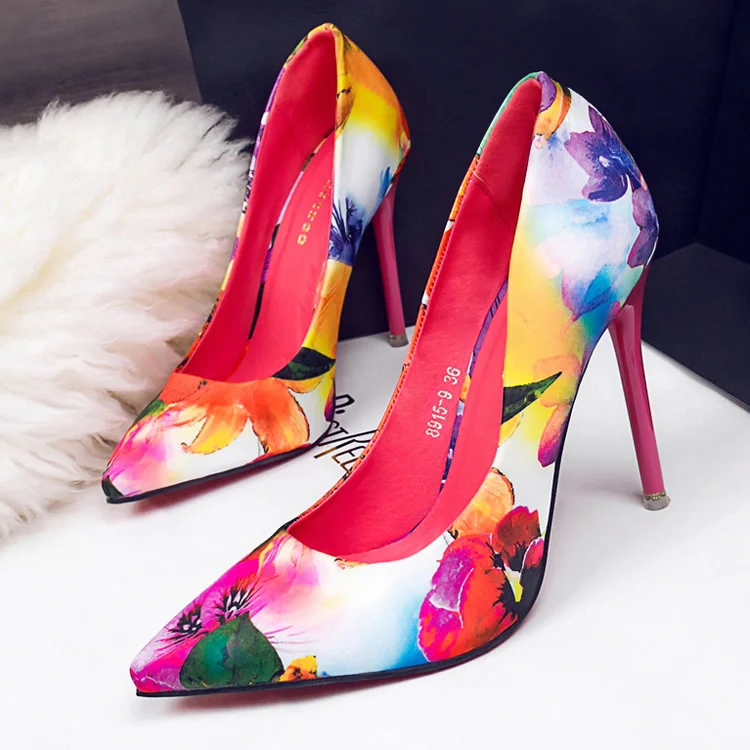

2016 Women Retro pattern printed ink spring models pointed high shoes Tide Female Mix Colourful Pumps