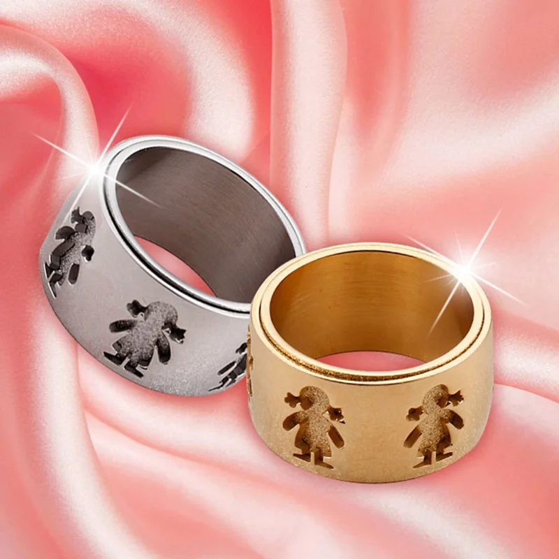 1pc Silver Gold Color High Quality Engagement Ring Wide&Thick Little Boy & Girl Pattern Finger Rings for Family Love Jewelry