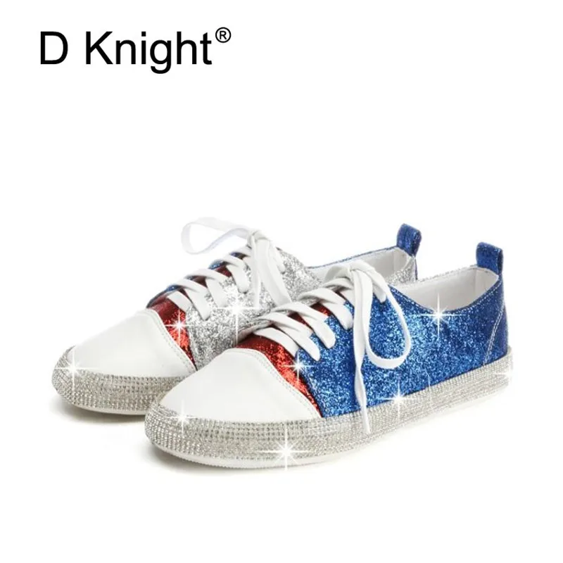 

D Knight Brand 2018 Hot Sale Women Flats Sneakers Color Block PU Leather Fans Shoes Bling Low Top Lace Up Ladies Flat Shoes Gift
