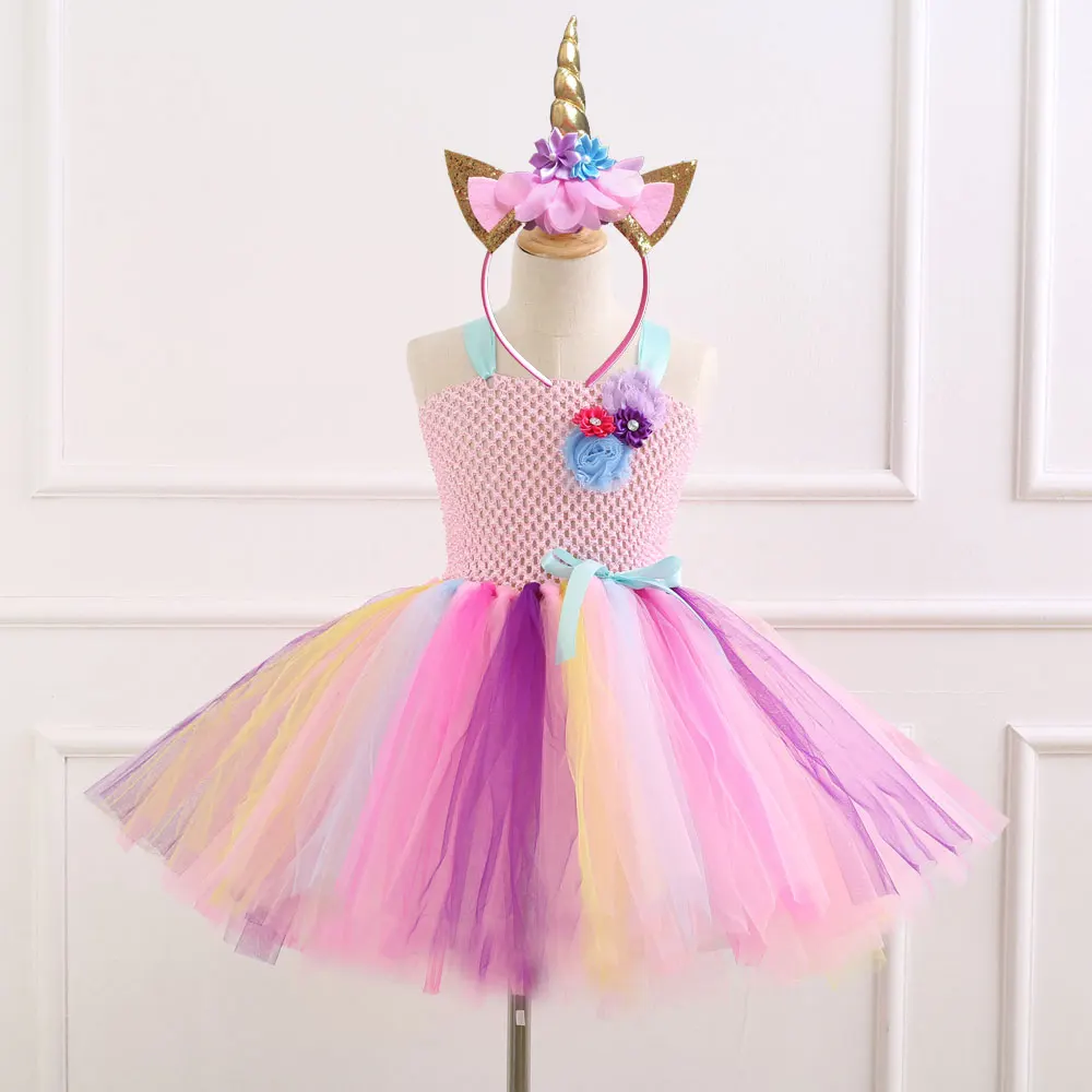 POSH DREAM Elegant Unicorn Flowers Birthday Party Dresses Children Kids Clothes Baby Girls Dress
