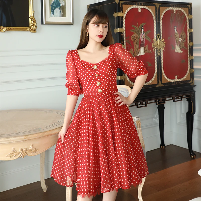 

LYNETTE'S CHINOISERIE Summer Romantic French Vintage Polka Dots Slim Waist Spacious Bottom Red Chiffon Dresses