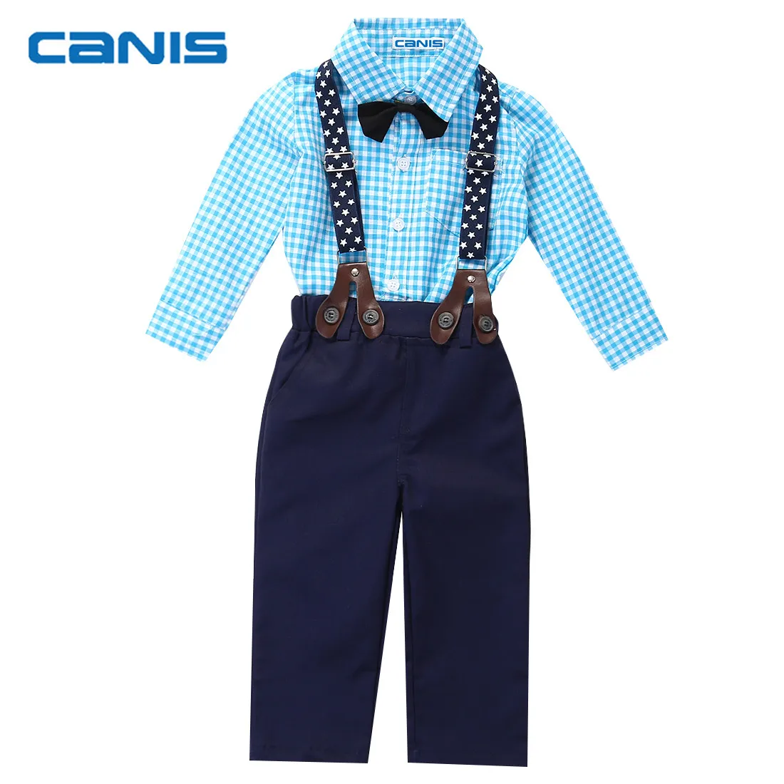 Toddler Baby Boy Gentle Man Clothes Set Bow Tie Plaid Shirt + Suspender
