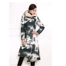 Plus Size 2016 New Fashion Winter Long Sleeve Ink Painting Thicken Asymmetrical Long Coat Down Cotton Women Warm Jacket