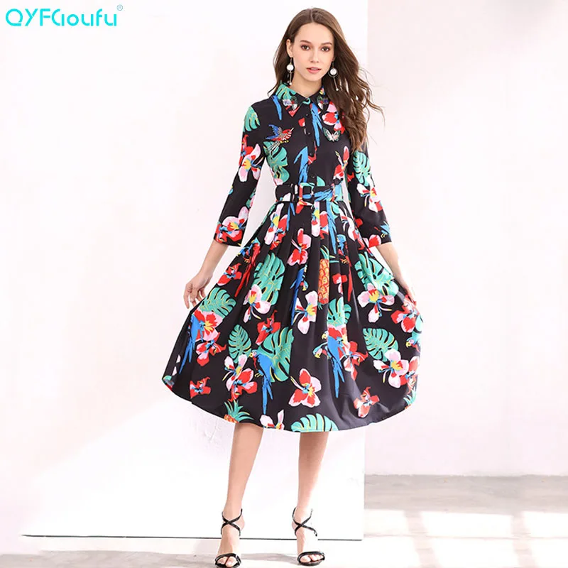 

QYFCIOUFU Plus Size High Quality Black Dress Women Long Sleeves Fashion Runway Beading Floral Print Pleated Casual Summer Dress