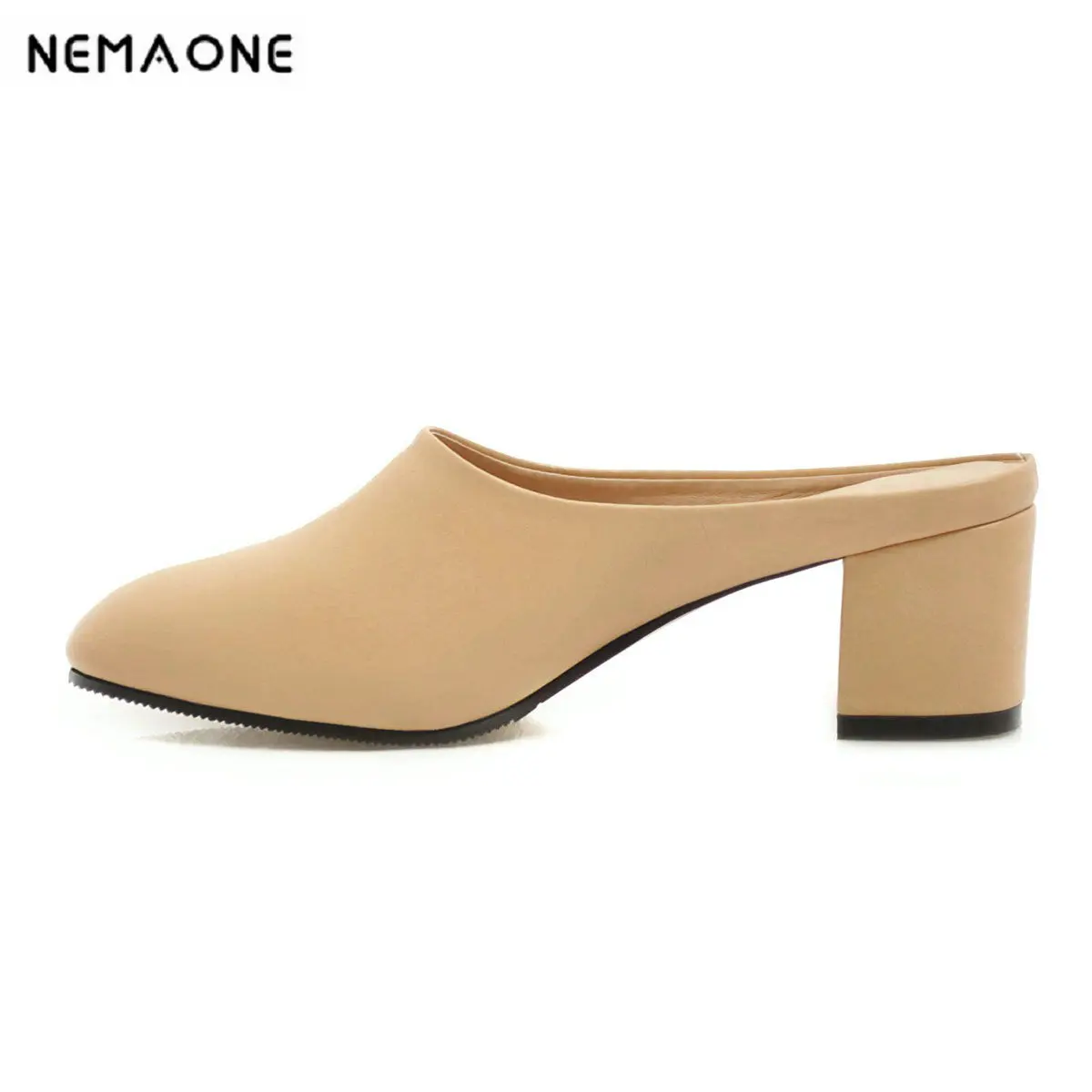 

NEMAONE big size 34-43 summer solid color women slippers square high heels concise top quality casual women mules