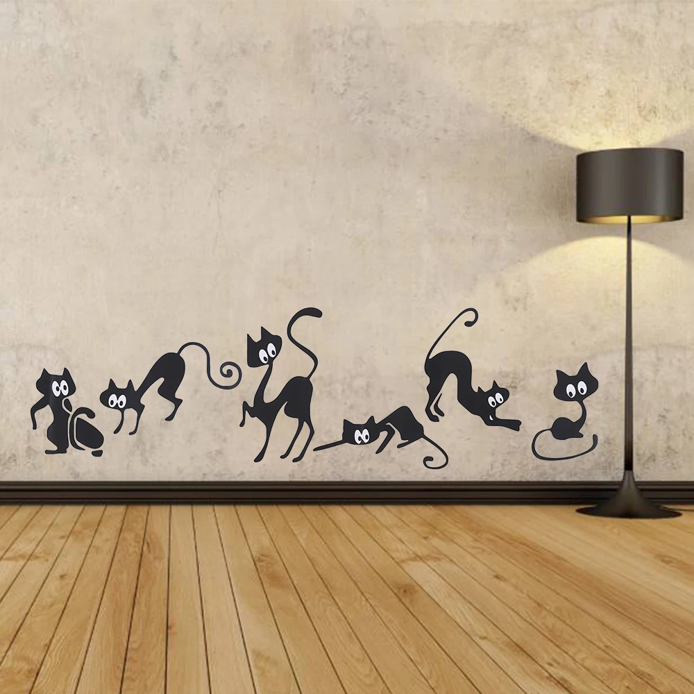 1PC 42*25cm Removable Wall Art Nursery DIY 6 Black Cats Wall Stickers