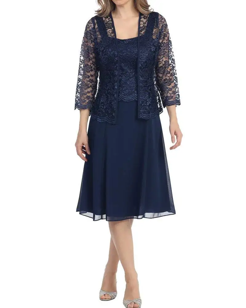 

Setwell 2019 Two Pieces Sweetheart A-line Mother Of The Bride Dress 3/4 Sleeves Tea Length Lace Chiffon Wedding Guest Gown