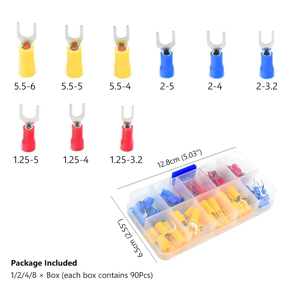 

90PCS/BOX 9 Sizes Insulated Fork Cable Wire Terminal Connector Assortment Kit Electrical Crimp Terminal SV Spade Ring With Box