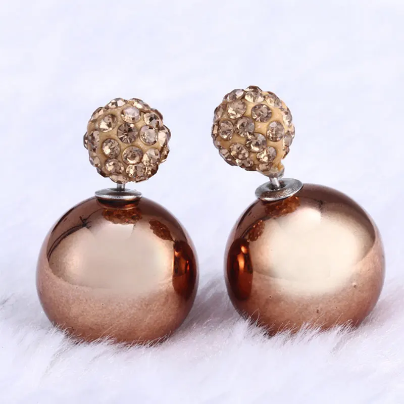 Fashion Rhinestone Crystal Beads Double Sided Earring Two Ball Ear Stud