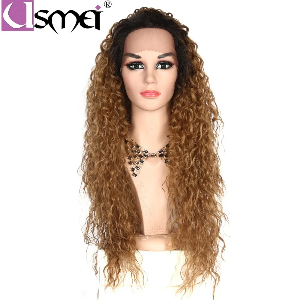 

USMEI Afro Kinky Curly 130% Density Long Synthetic Lace Front Wig For African American Women Wig Black to Golden COS free part
