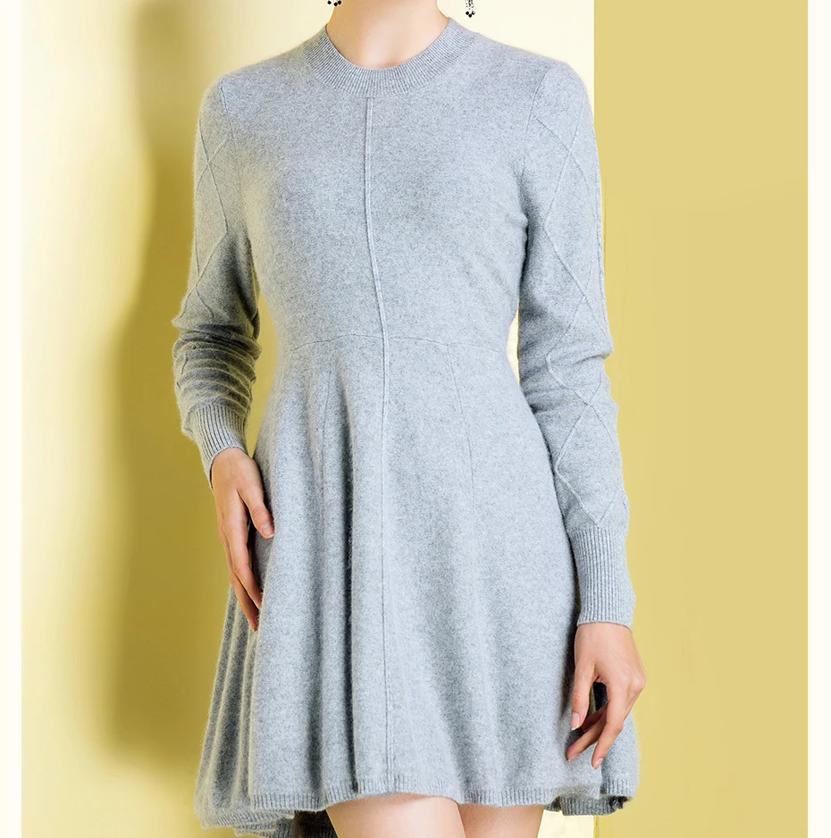 2018 осенние и зимние с круглым вырезом средней длины женский кашемировый пуловер свитер цельнокроеное платье, кашемировый свитер