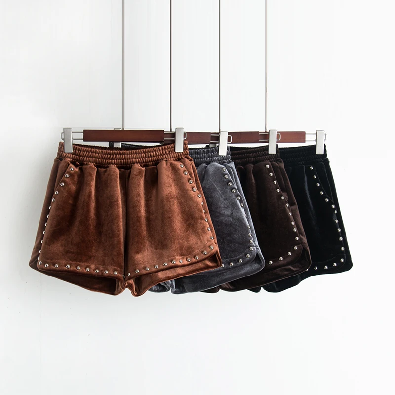 

Teenage Girls Velour beaded high waist wide leg Women Shorts Winter Warm Sexy