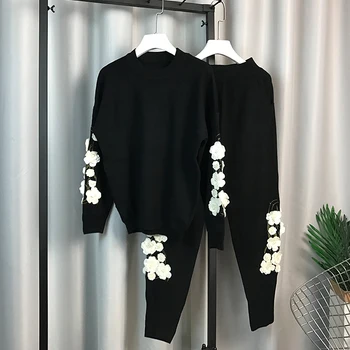 

Knitwear 2 Piece Sets Women Spring Winter New Brand Ladies 3D Flower Long-sleeved Pullover Knit Jacket + Elastic Waist Pants Set