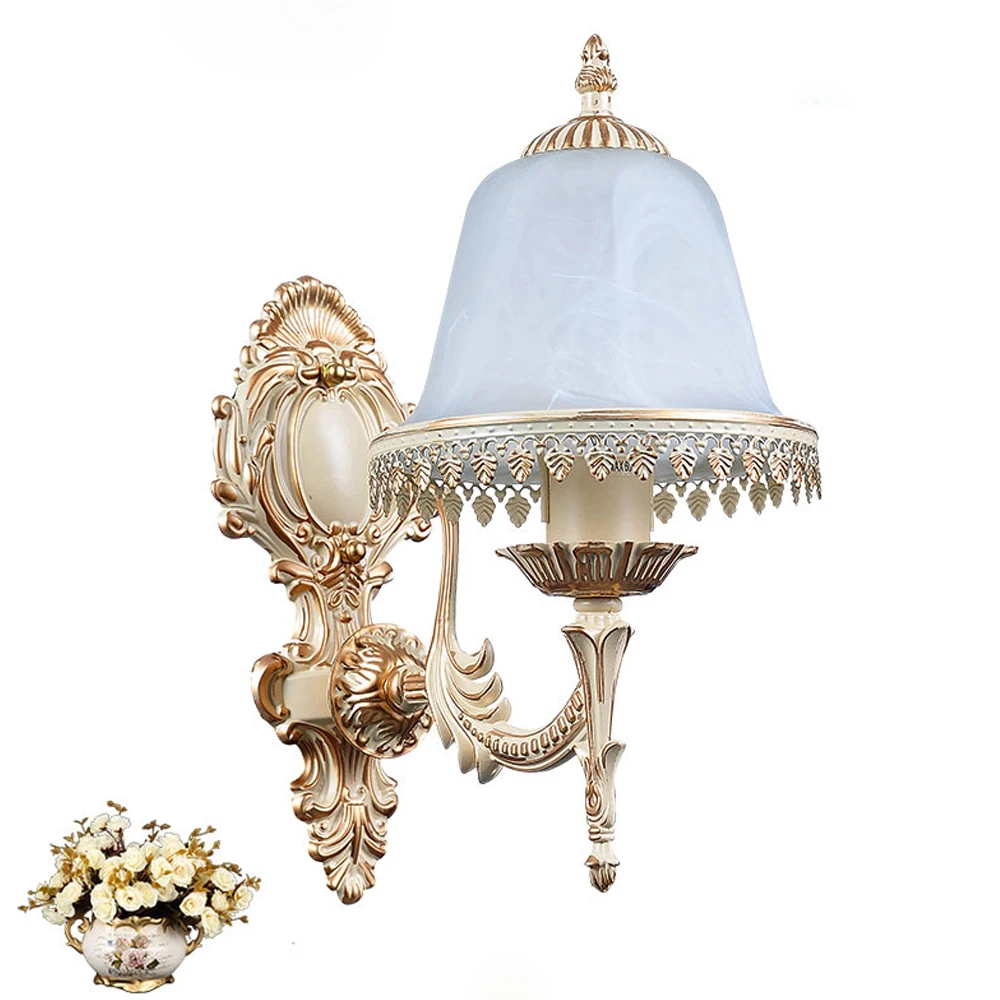e27European Retro light Resin lamp cup Frosted glass shade LED vintage wall lamp bedroom bedside ...