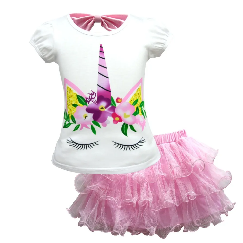 Г. Комплекты одежды для детей футболка с единорогом+ фатиновая юбка-пачка костюм из 2 предметов Детский Повседневный Спортивный костюм комплект одежды принцессы Эльзы для девочек - Цвет: pink