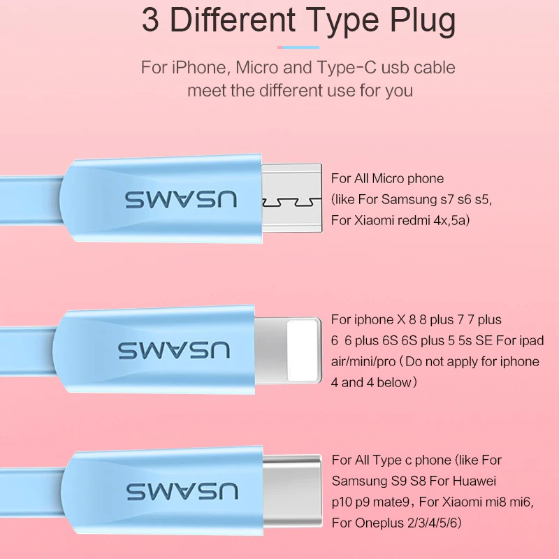 USB кабель для iphone 5 6 X Кабель USAMS Micro usb type c для синхронизации данных плоский кабель для быстрой зарядки мобильных телефонов кабель type-c usbc