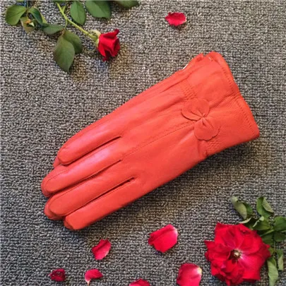 VISNXGI кашемировые перчатки, сохраняющие тепло, кожаные женские перчатки, модные зимние женские перчатки из овчины с бантом, женские перчатки Guante - Цвет: G044 Orange