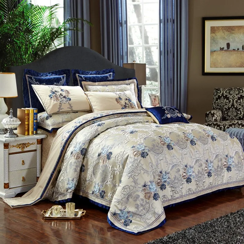 Cotton Flat sheet Bed Spread Duvet Cover Pillowcases Blue Jacquard Luxury Bedding Set 5