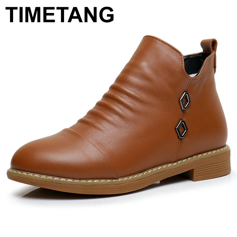 

TIMETANG 2017 New Fashion Genuine Leather Motorcycle Ankle Boots Female Zipper Low Heels Platform Comfortable Spring Autumn Shoe