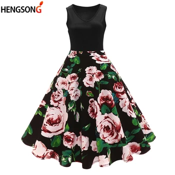 

70'S 80'S Vintage Dress Ladies Elegant Pleated Dress Summer Floral Print V-Neck Sleeveless Party Dresses Vestidos 2019 New