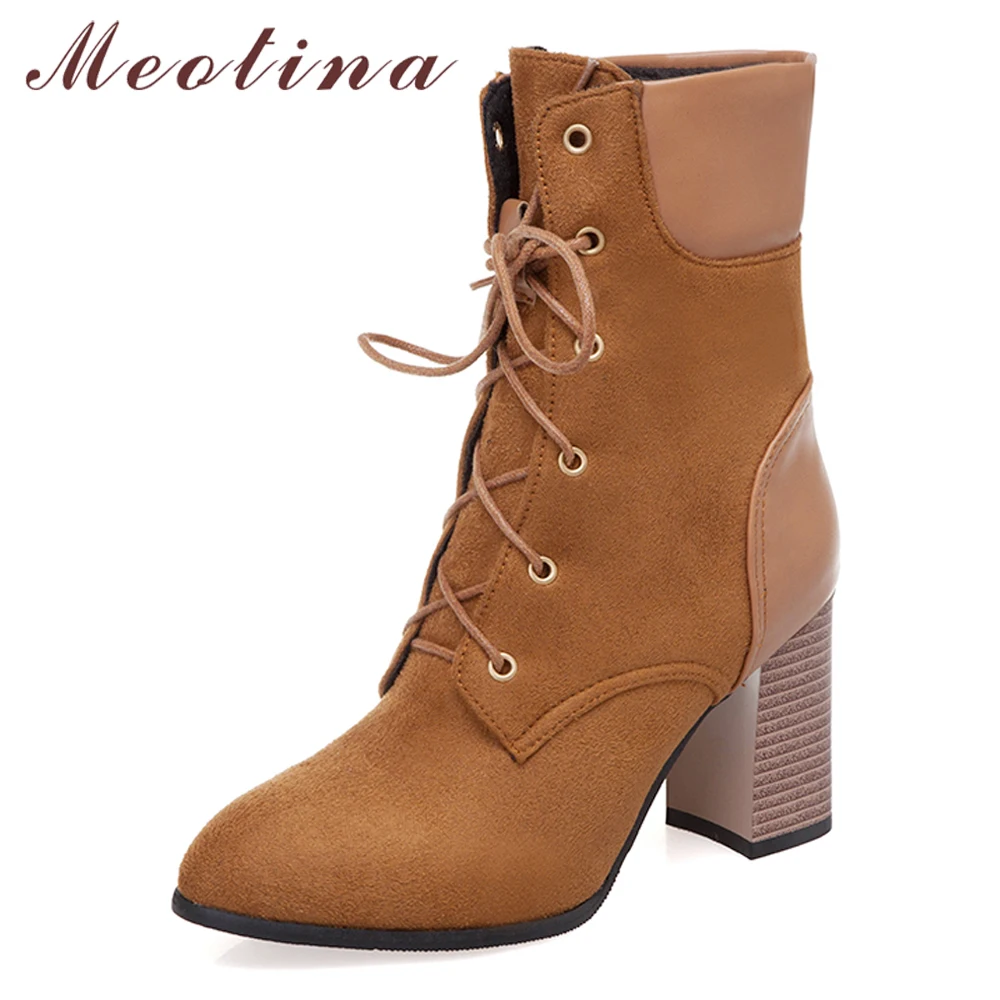 

Meotina Winter Ankle Boots Women Shoes Lace Up Block High Heel Short Boots Fashion Pointed Toe Shoes Lady Autumn Large Size 3-12