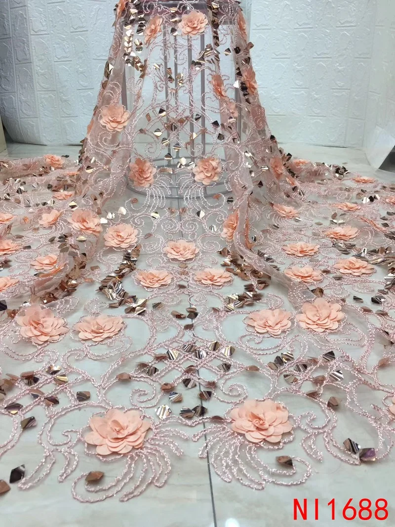 

Hot Sale 3D Flowers Lace Fabrics Luxury Fashion Sequins Lace Fabric for Wedding Party Dress French AfricanTulle Mesh Lace NI1688