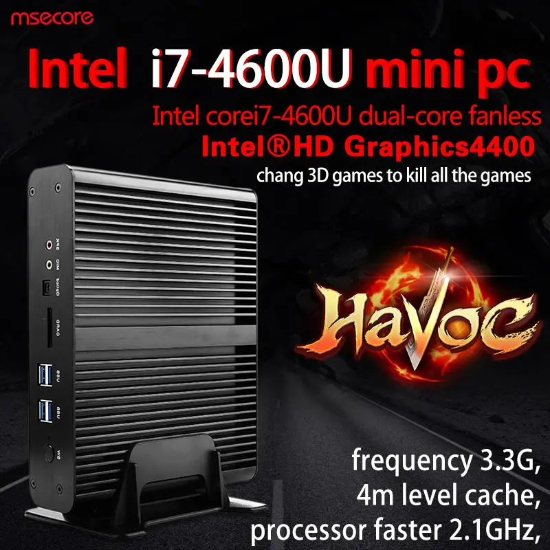 Core i7 4600U Haswell 22NM Fanless Mini PC Desktop Computer Windows 10 Nettop Dual HDMI HTPC HD4400 Graphics 4K HD 300M WiFi