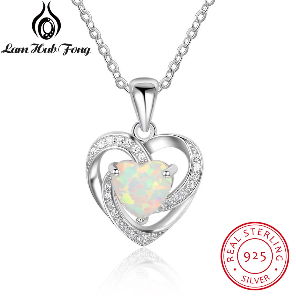 Real 925 Sterling Silver Heart White Fire Opal Pendant Necklace With