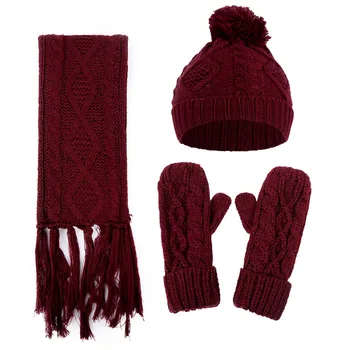 

Artificial Woolen Casual Windproof Winter Set Scarf AND Gloves Knitted Hat Warm