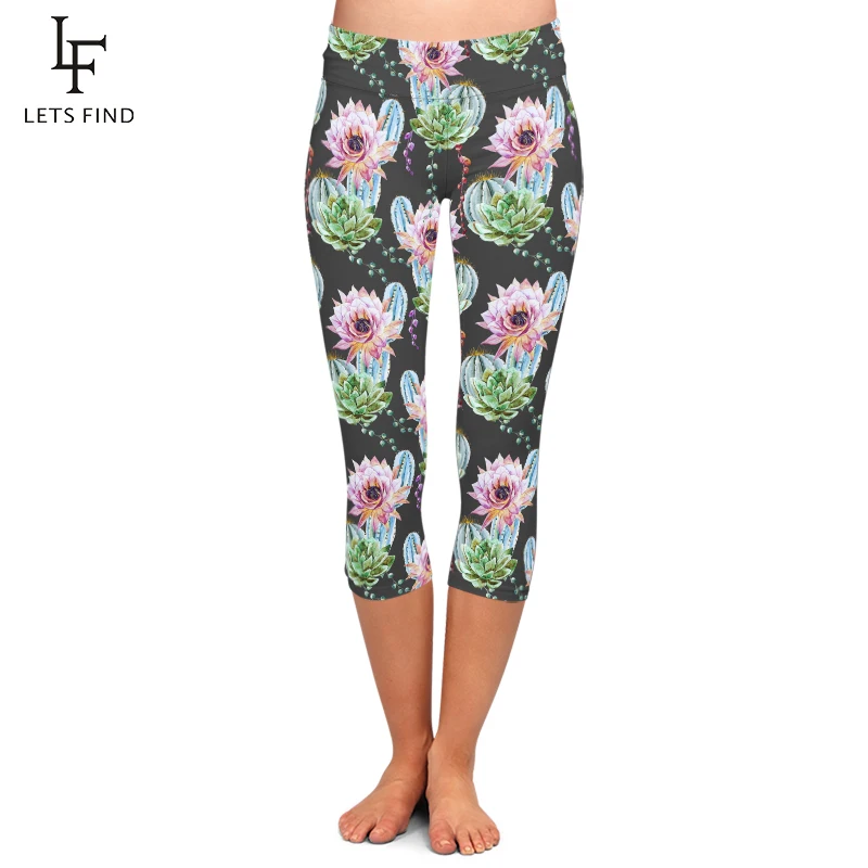 

New Fashion Women's Cactus & Flower Colorful Capri Leggings Digital Print Pants Plus Size High Waist Mid-Calf Black Leggings