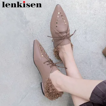 

Lenkisen sweet girl pointed toe british school lace up genuine leather low heels leisure pumps rivets studded handmade shoes L30