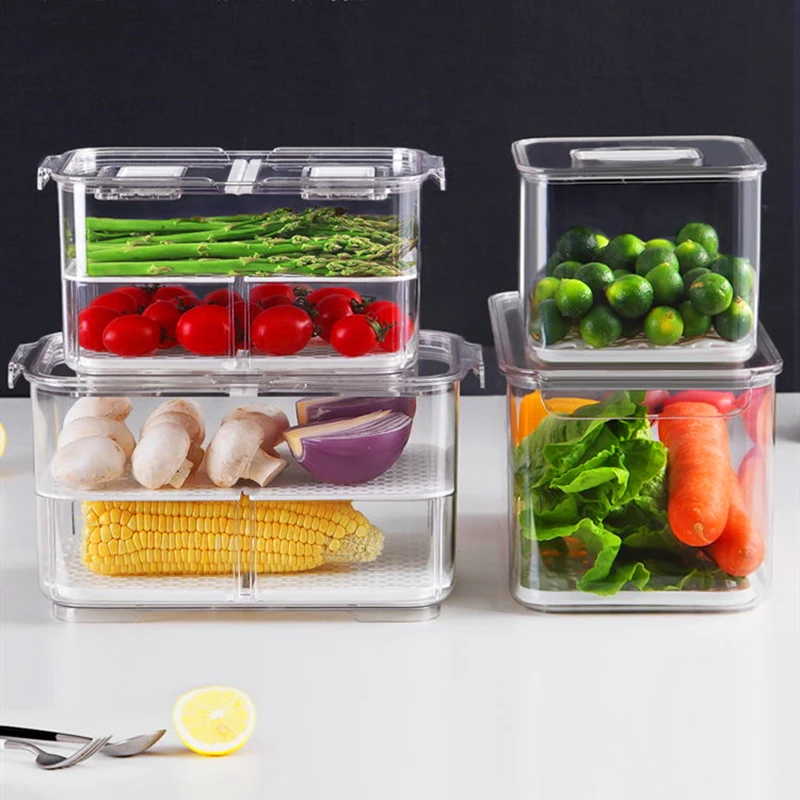 

Kitchen Refrigerator Storage Box Fruit and Vegetable Crisper Compartment Drainage Design Organizer Container Healthy Plastic
