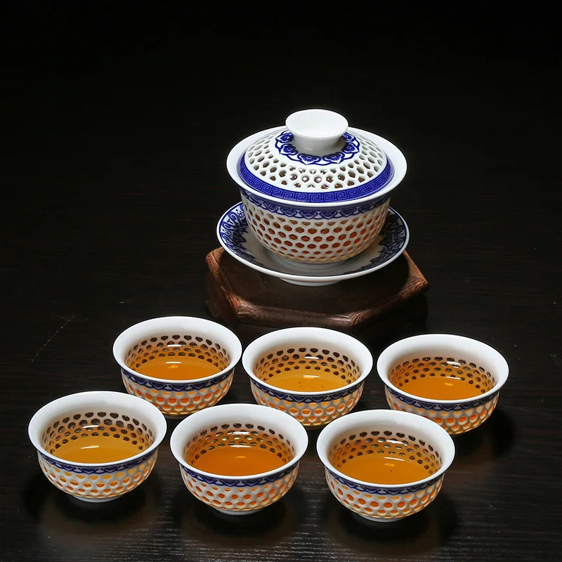 11 шт полый сотовый чайный набор кунг-фу синий и белый фарфор посуда для напитков керамическая стеклянная чайная чашка чайный горшок Gaiwan ситечко ярмарка чашка - Цвет: T