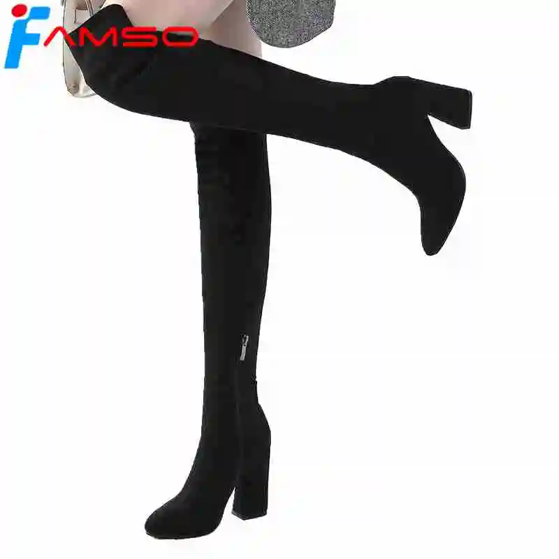 

FAMSO 2019 Shoes Women Boots New Big Size 34-43 Heels Shoes Autumn Motorcycle Boots Designer Suede Over The Knee Boots Winter