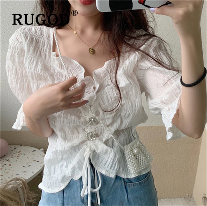 

RUGOD Korean chic ruffles women blouse Elegant Flare sleeve button lace up shirts female Fashion summer tops and blouse 2019