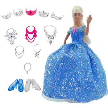 

14 Items = 1x Blue Wedding Party Dress + 6x Plastic Necklaces + 5x Crowns + 2x Crystal Shoes Accessories For Barbie Doll Toy