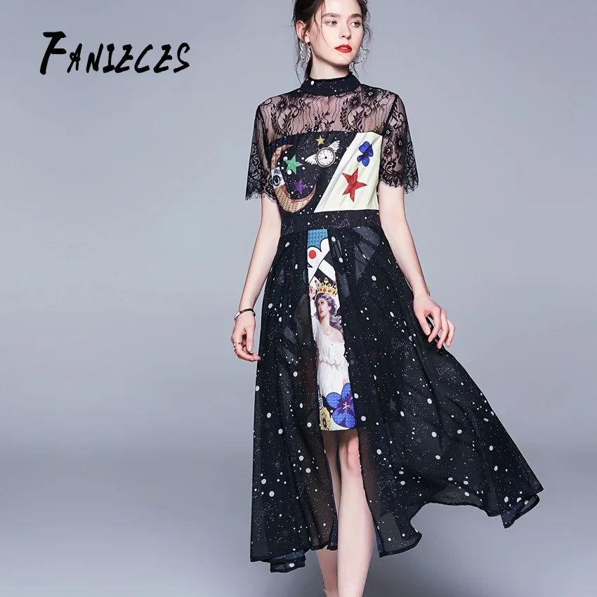 

FANIECES Designer Patchwork Dresses Runway High Quality Summer Casual lace Dress Women Vintages Vestidos de verano Robe Femme