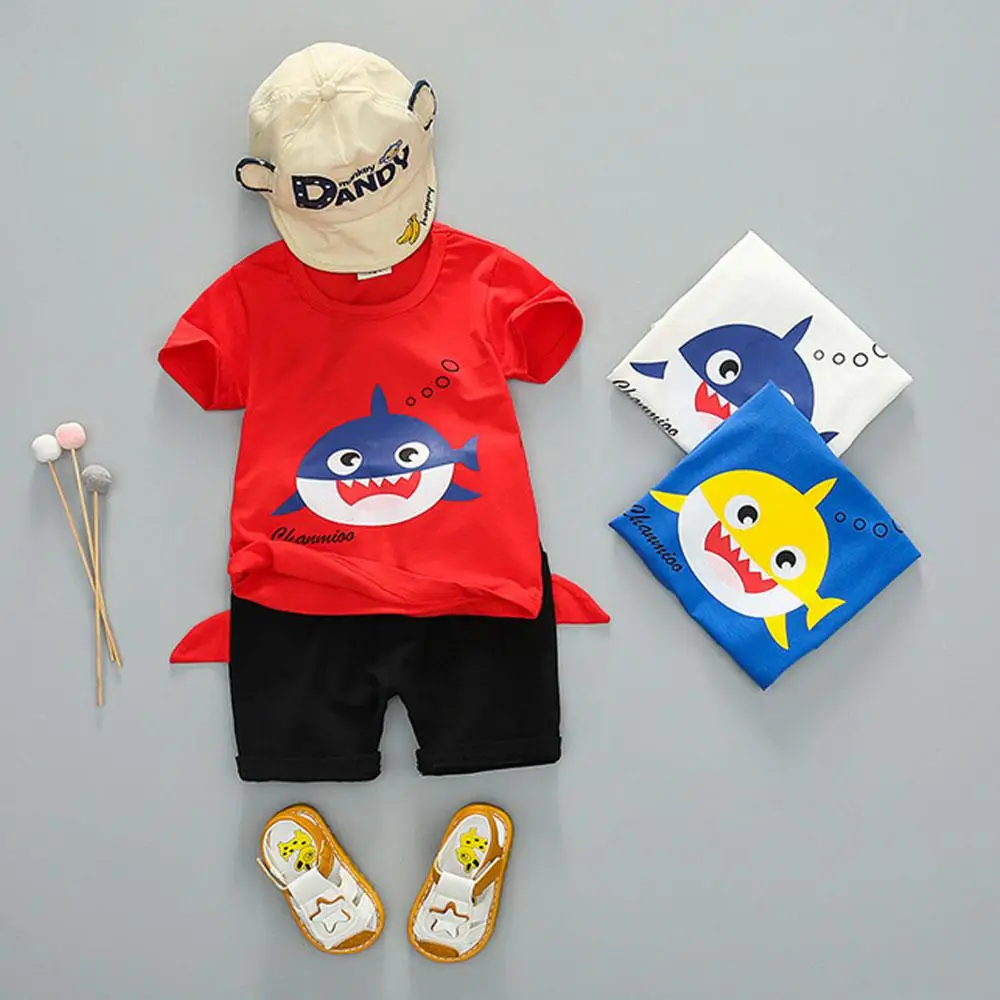 

Toddler Boys Clothing Sets Round Neck Cartoon Shark Bear Print Short Sleeve Tops Elastic Shorts Summer Outfit Clothes Suits