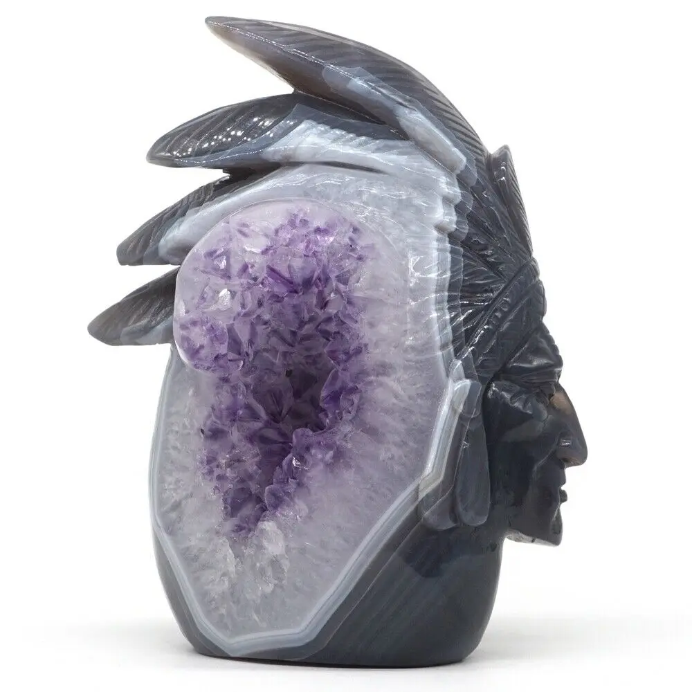 

Indian Skull Bust Natural Amethyst Agate Carved Geode Reiki Healing Decor 6.1
