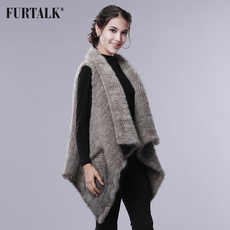 

FURTALK Real Mink Fur Vest Autumn-Winter Women Mink Fur Shawl Fashion Knit Mink Fur Poncho