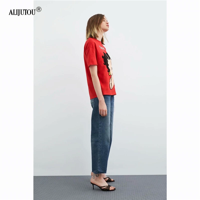 2019 zaraing betty boop Woman Spring Summer Girls Print Short Sleeve O Neck Cotton red t shirt Top Soft Tops Quality Tee