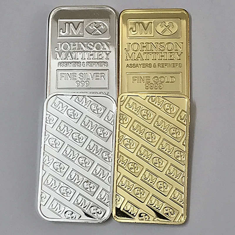 

10 Pcs Mix sample order Johnson Matthey bar 1 OZ 24K real gold silver plated badge 50 x 28 mm souvenir coin bar