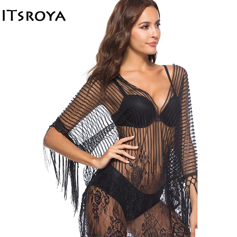 

Itsroya 2018 Brand New Long Tassel Cozy Women's Beach Sexy Deep V Bikini Cover Top Lace Summer Female Style Print Flowers Shirt