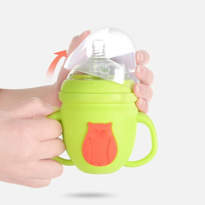 MMBABY Baby Bottles High Borosilicate Glass Cute Cartoon Feeding Bottle for Milk Water with Silicone Handle